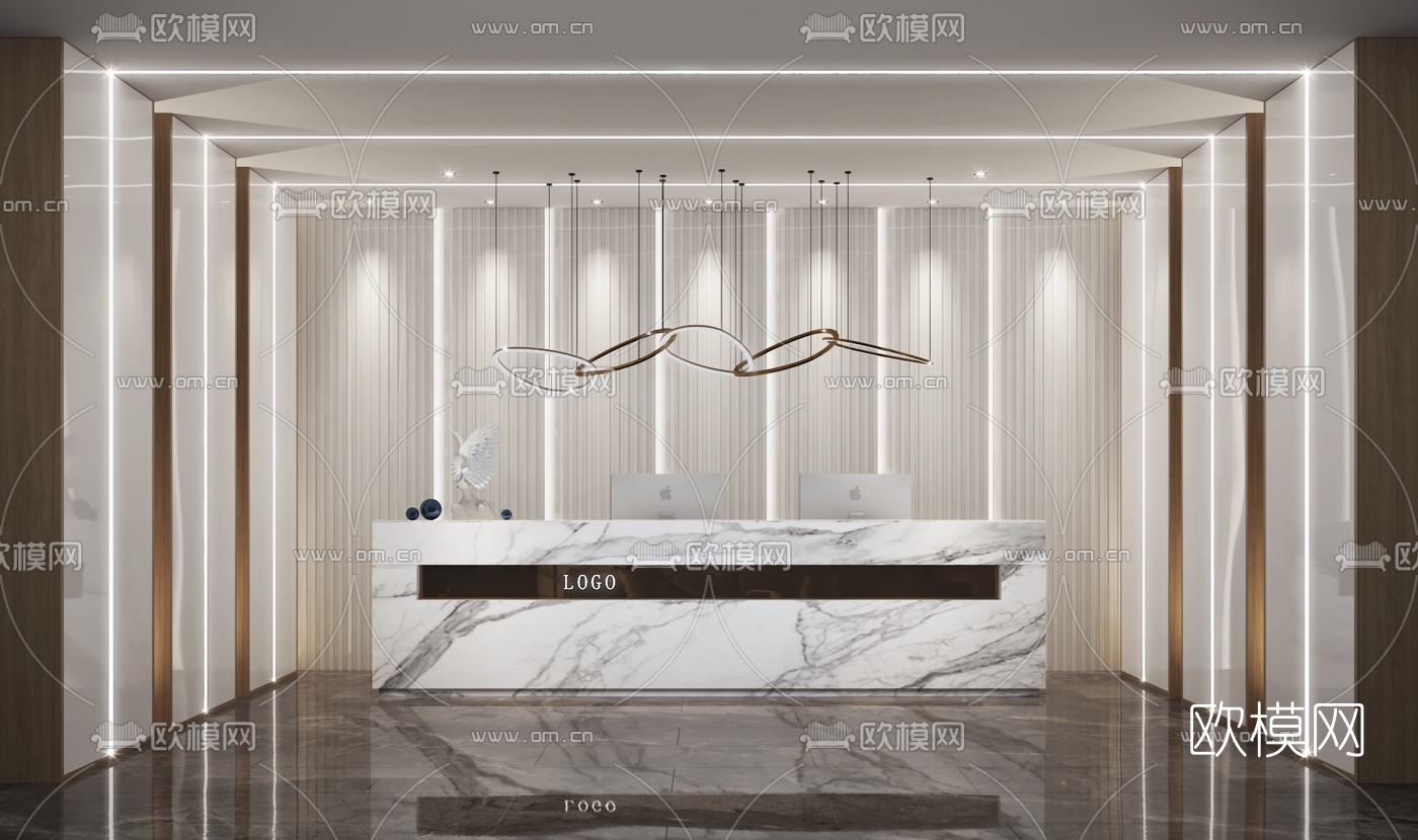 现代办公前台su模型下载（渲染图1）