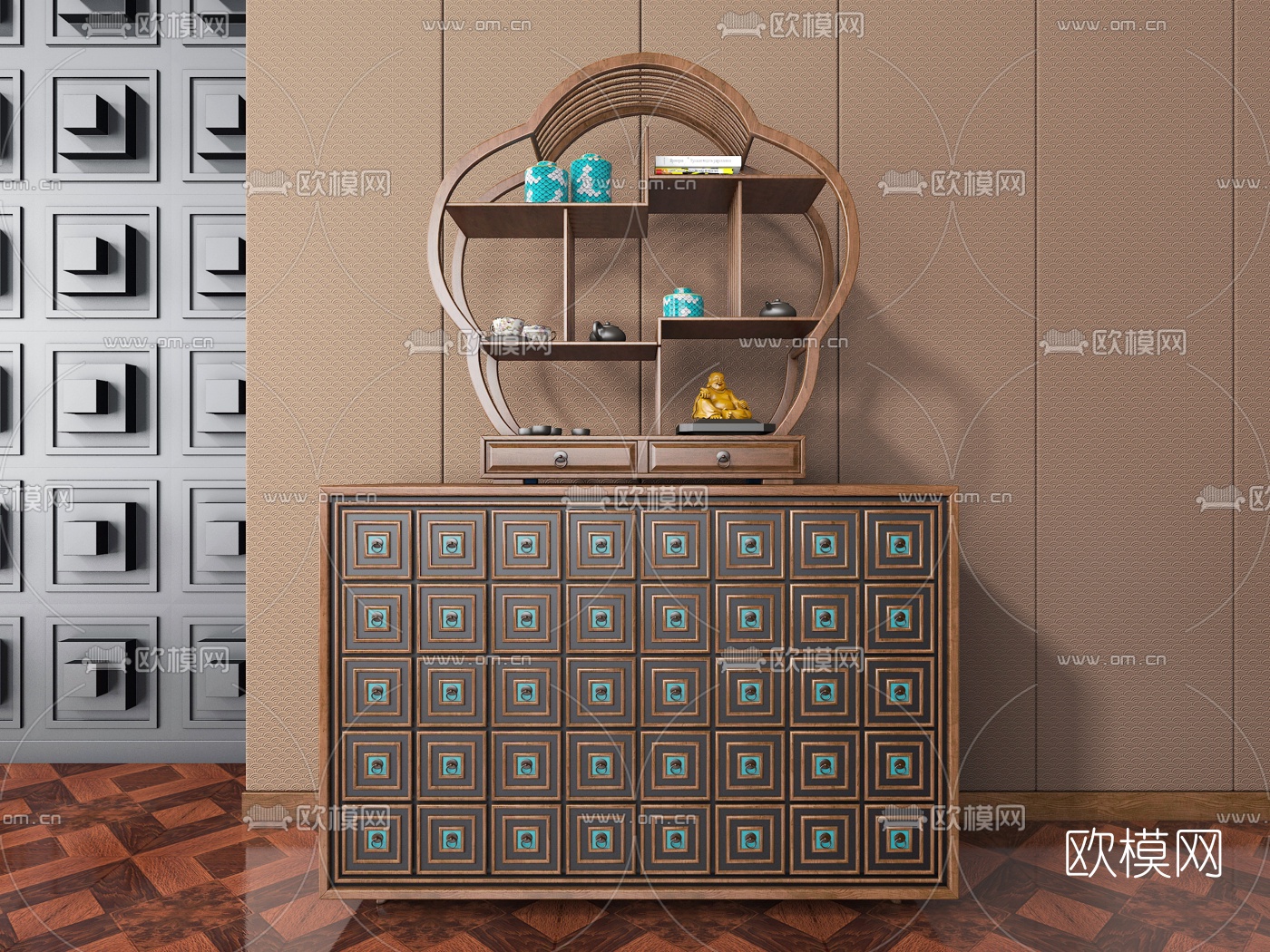 新中式端景柜博古架3d模型