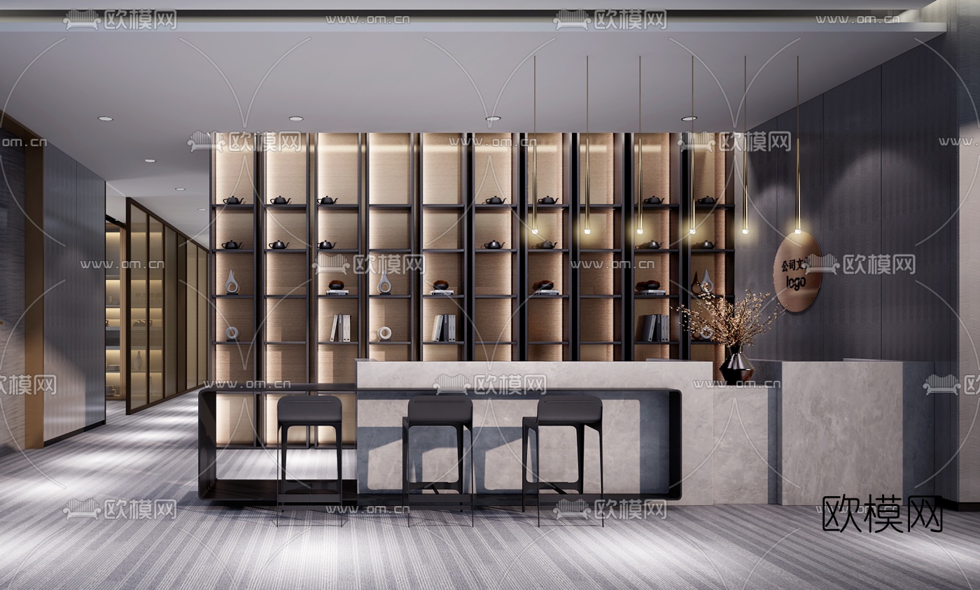 新中式公司前台接待区3d模型下载（渲染图2）