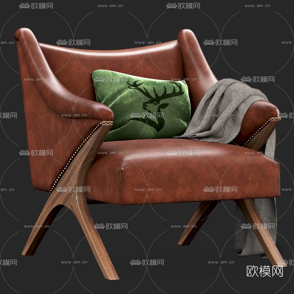 美式皮革单人沙发3d模型下载(渲染图3)