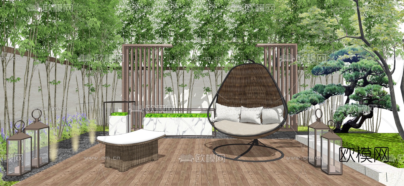 现代庭院景观摇椅秋千su模型下载（渲染图2）