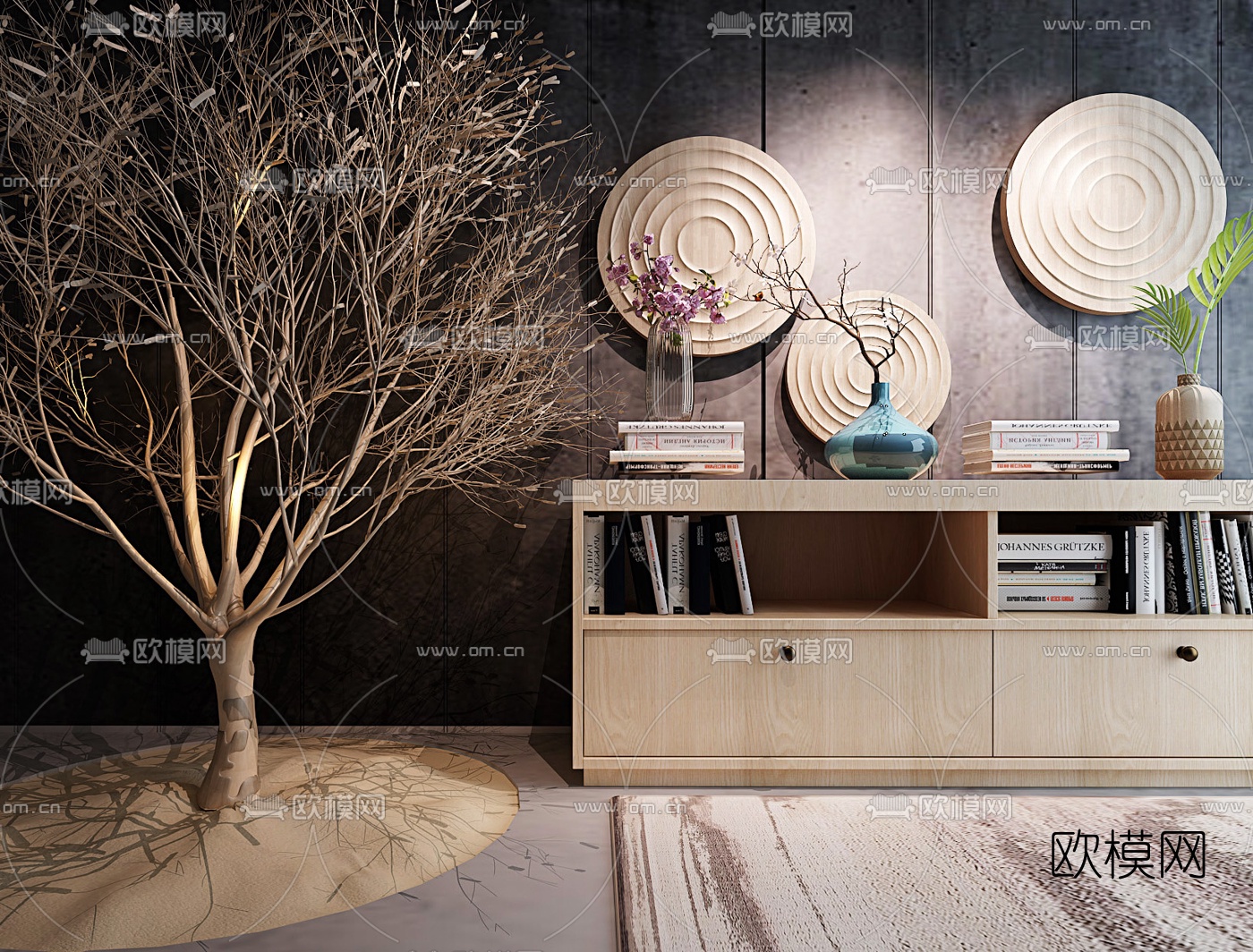 日式原木边柜干树装饰3d模型下载