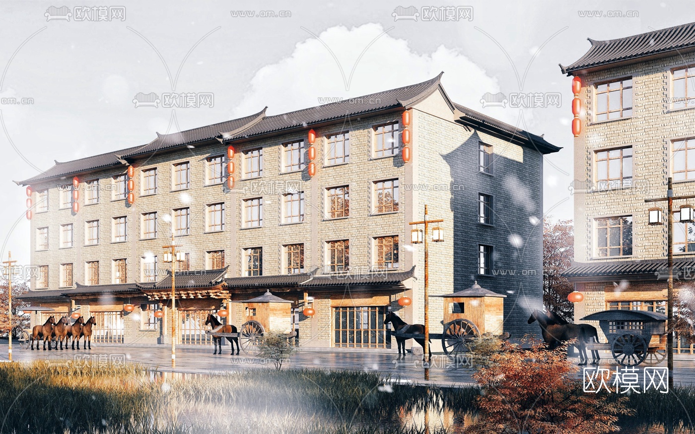 新中式民宿客栈建筑外观3d模型