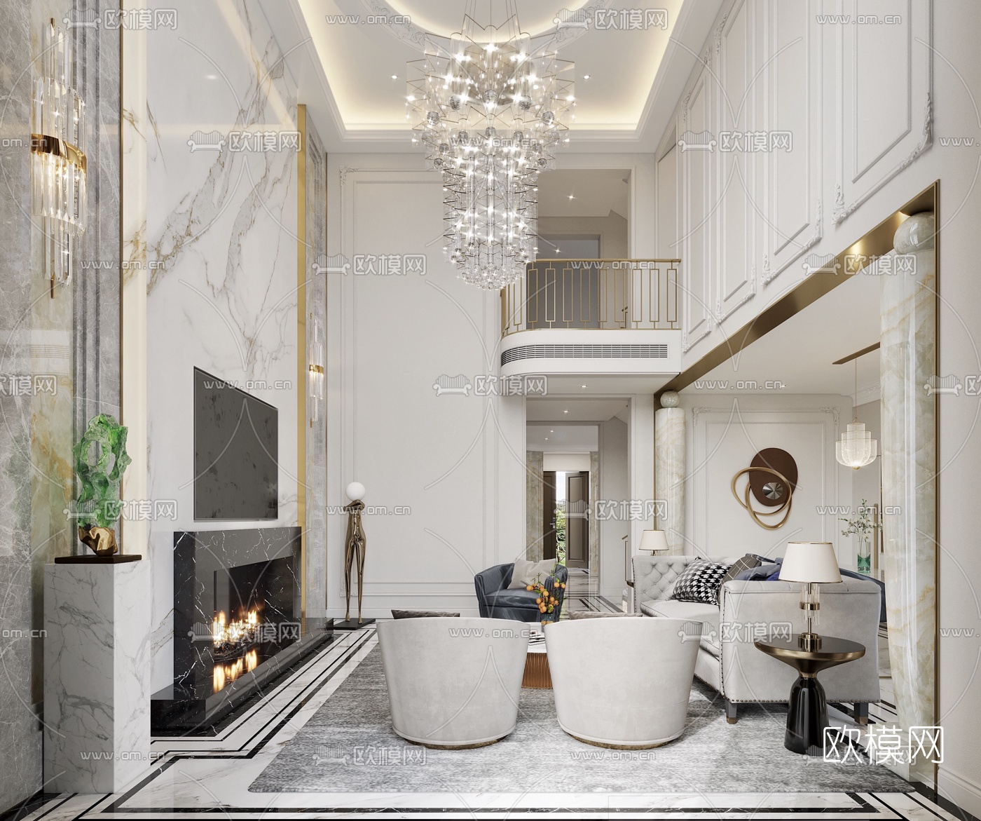 法式轻奢别墅客厅3d模型下载_id:10155845_3dmax免费模型-欧模网