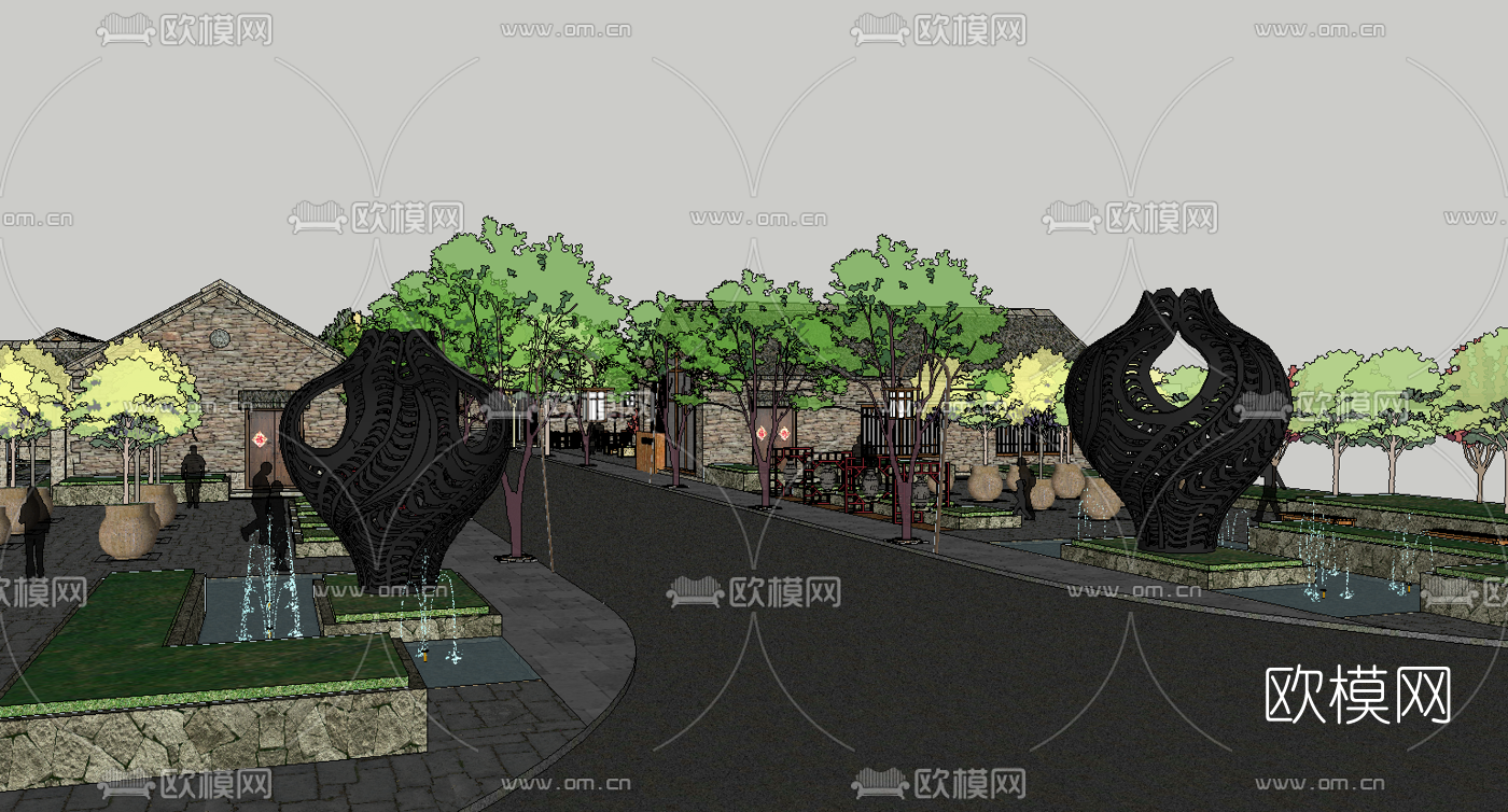 新中式民宿小镇鸟瞰su模型下载（渲染图2）