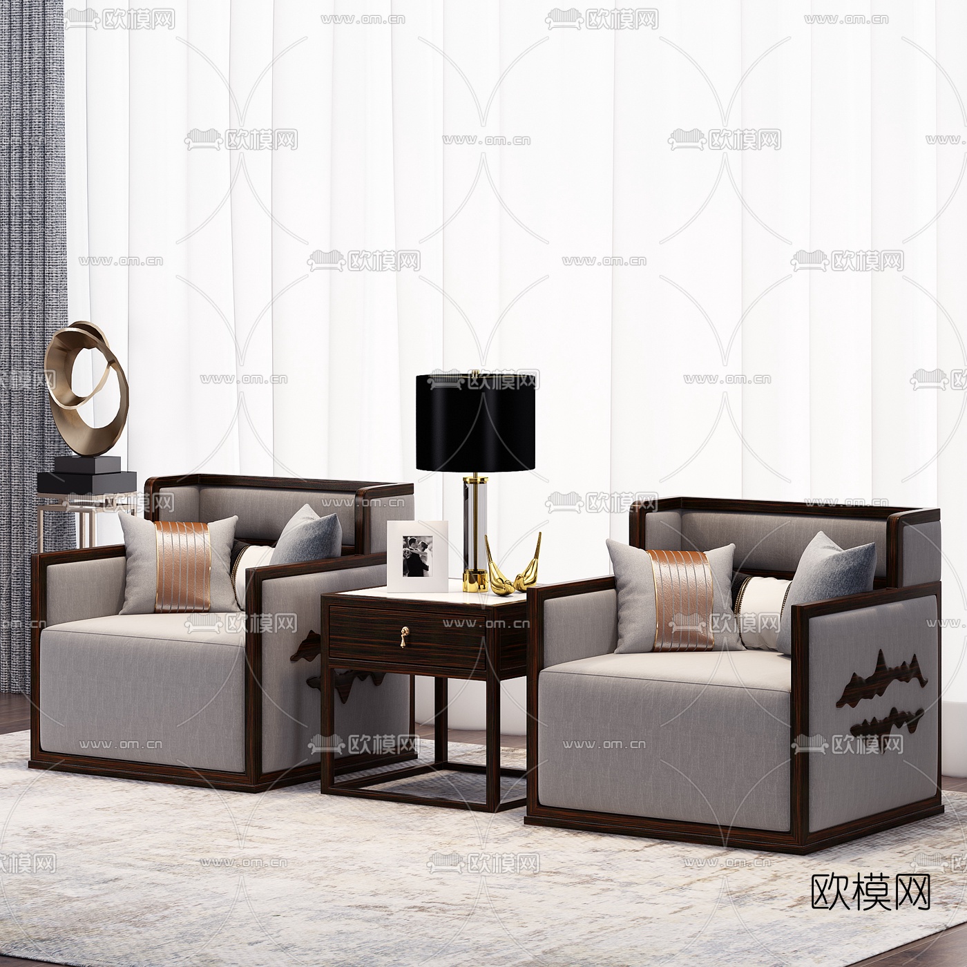 新中式布艺单人沙发边几3d模型下载（渲染图2）