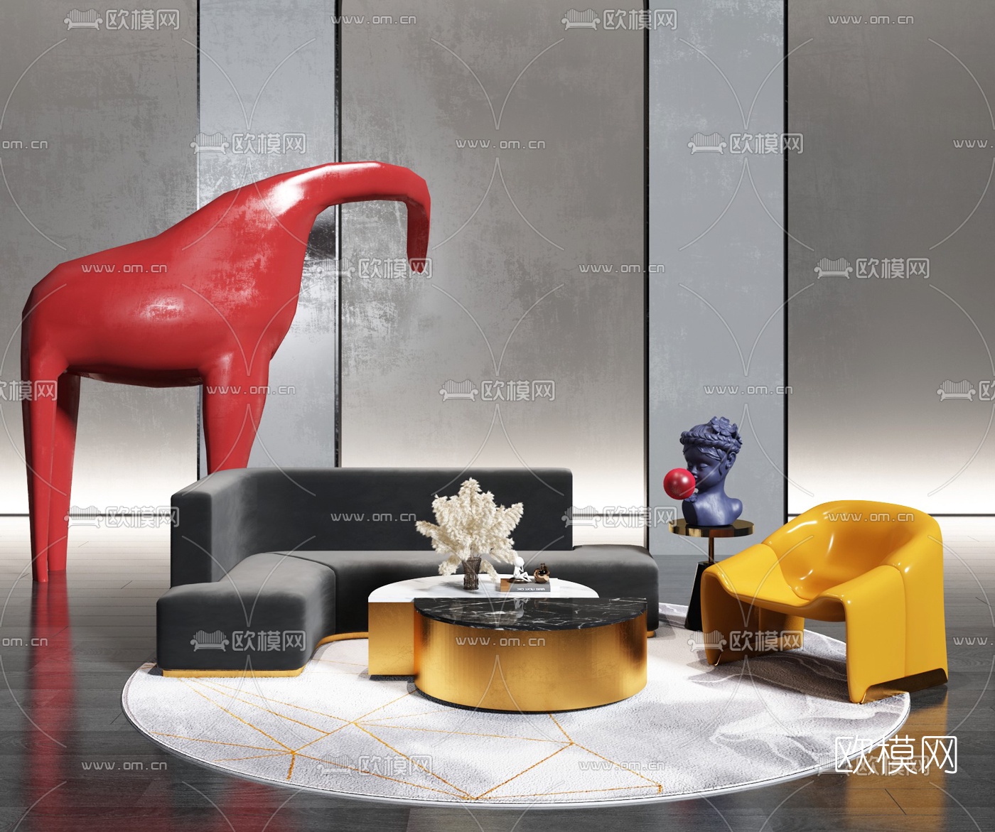 现代绒布转角沙发组合3d模型
