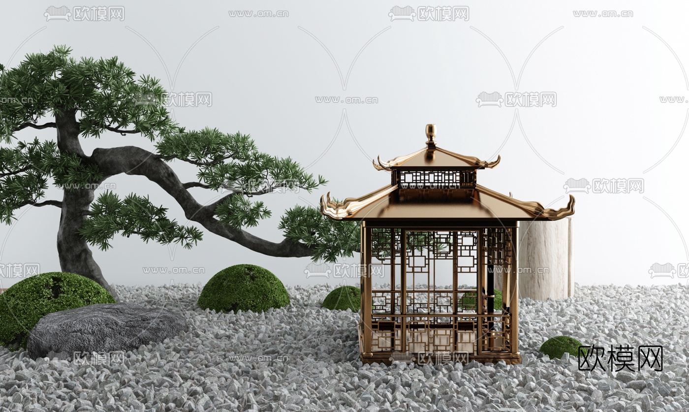 新中式松树亭子景观小品3d模型下载