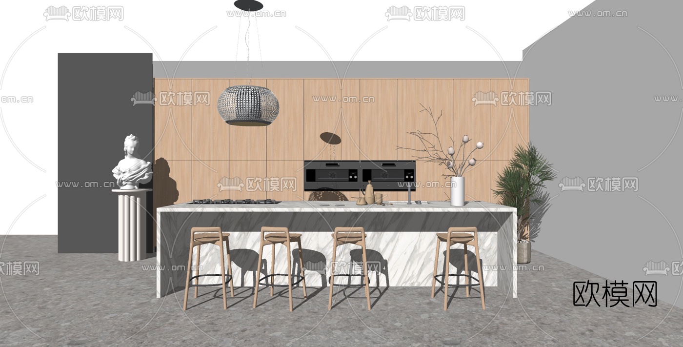 现代厨房吧台su模型下载