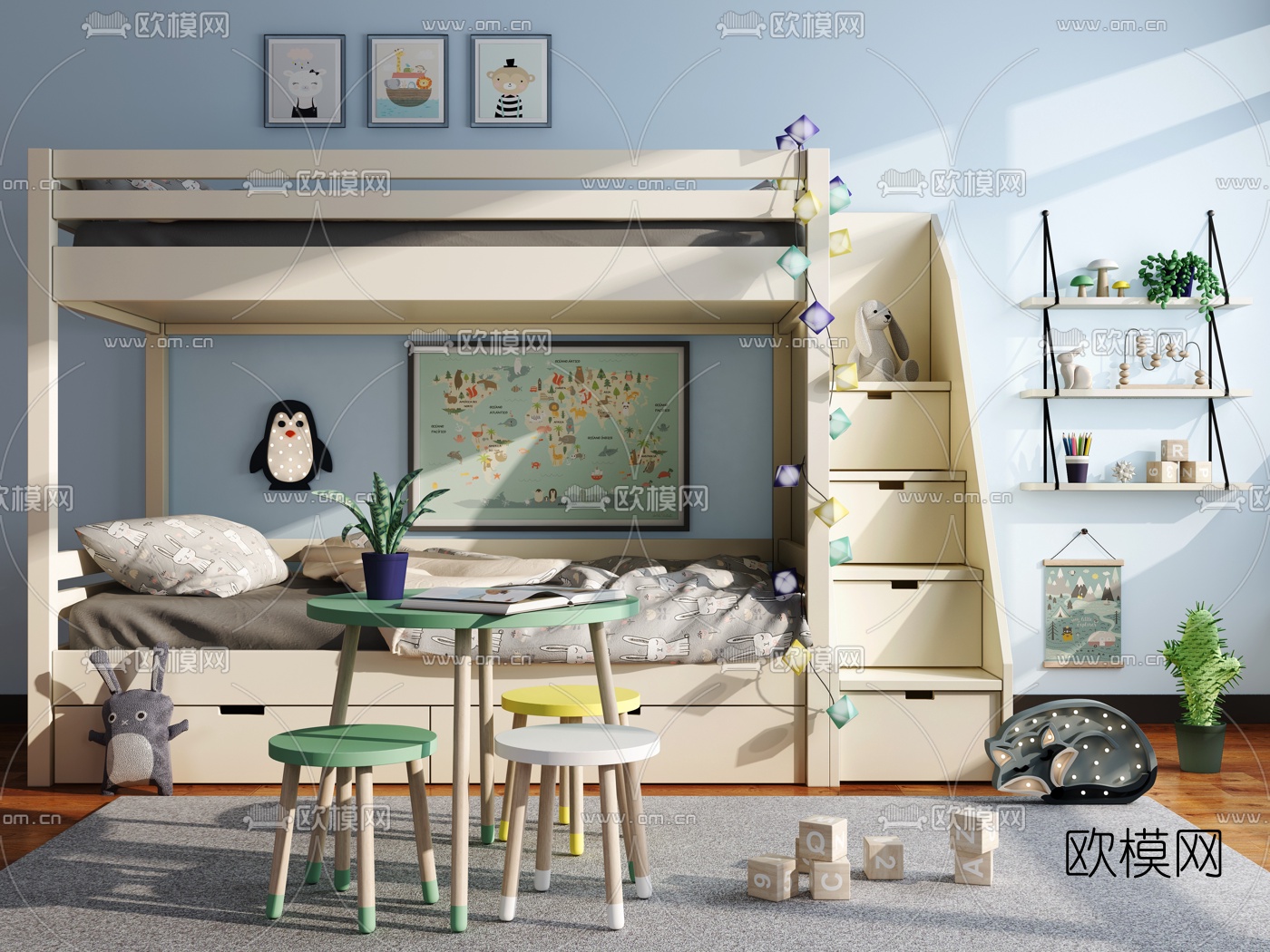 北欧儿童上下铺床3d模型下载