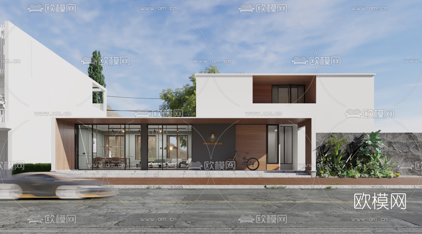 现代独栋别墅外观3d模型下载（渲染图1）