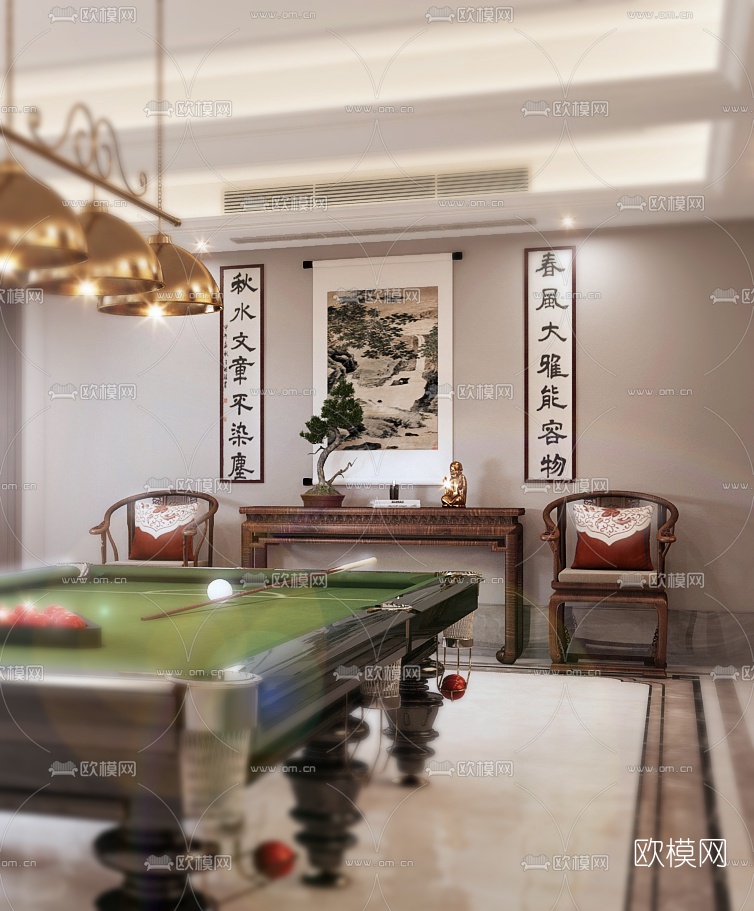新中式台球室娱乐室3d模型