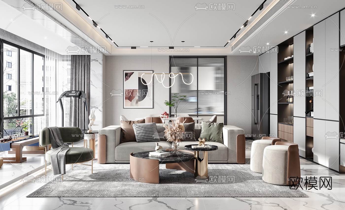 现代简约客厅餐厅3d模型下载（渲染图1）