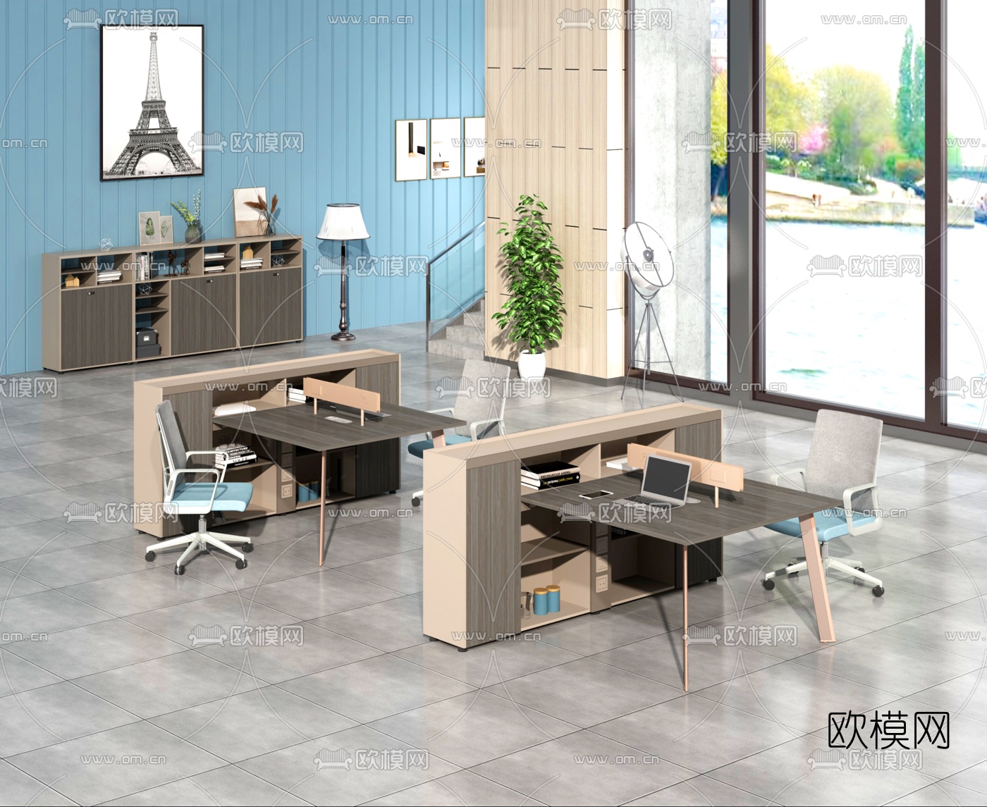 现代卡位办公桌椅3d模型下载（渲染图1）