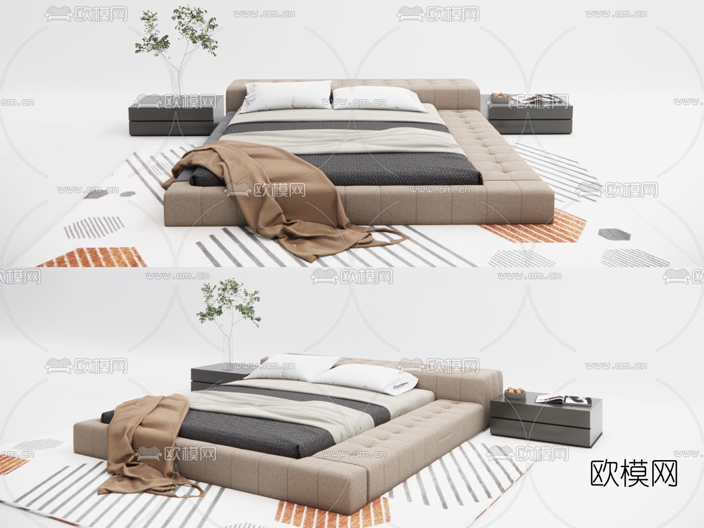 现代布艺双人床su模型下载（渲染图1）