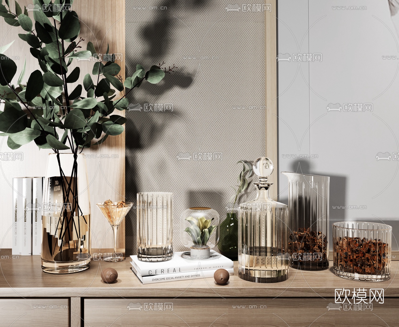 现代绿植花瓶酒瓶酒杯摆件3d模型