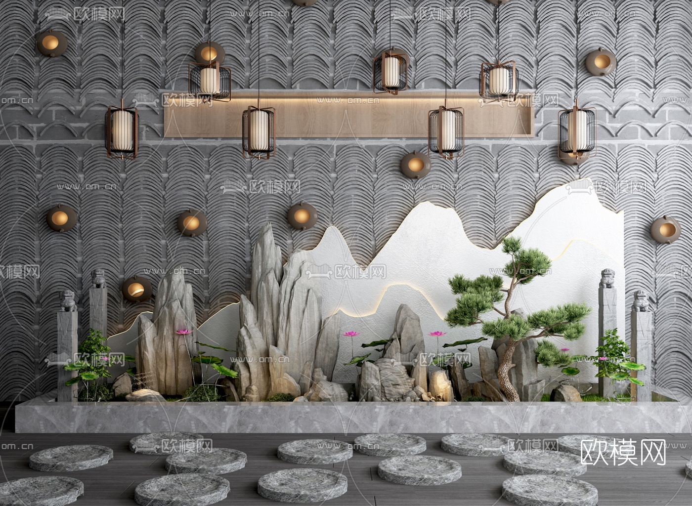 新中式瓦墙假山景观小品3d模型下载