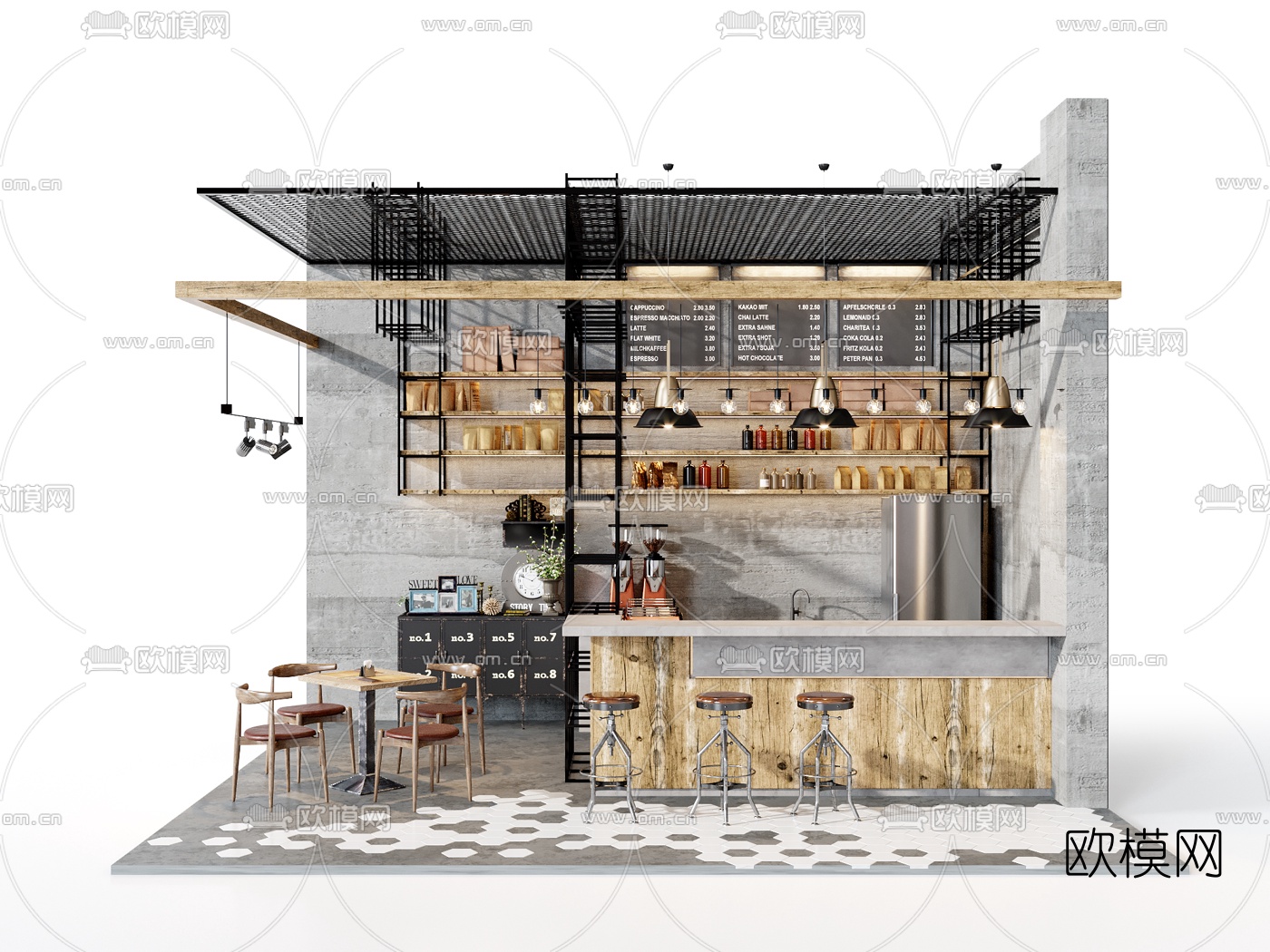 工业风咖啡厅吧台3d模型下载