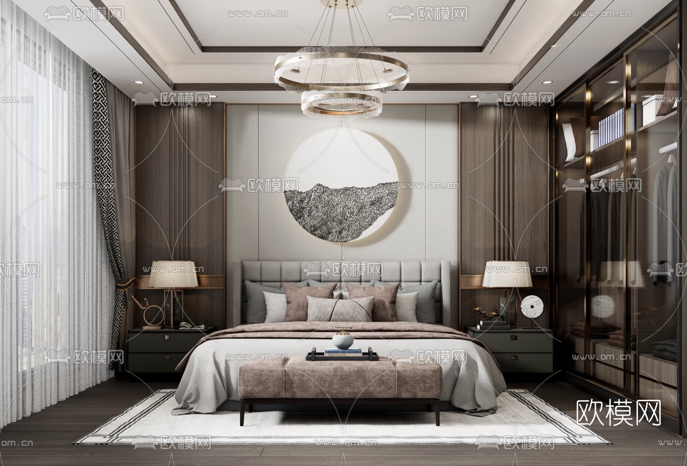 新中式主人房卧室su模型下载（渲染图1）