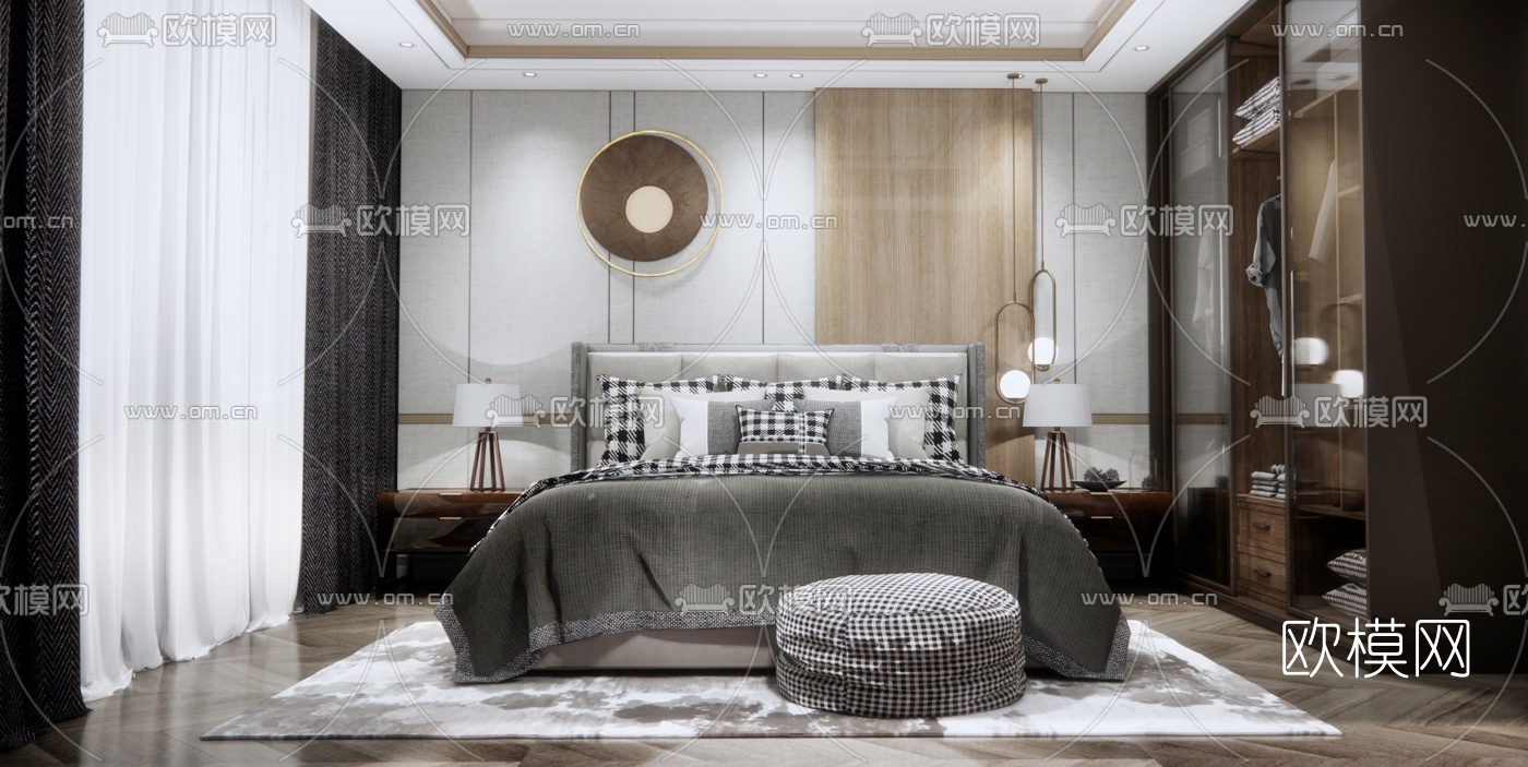现代布艺双人床su模型下载（渲染图1）
