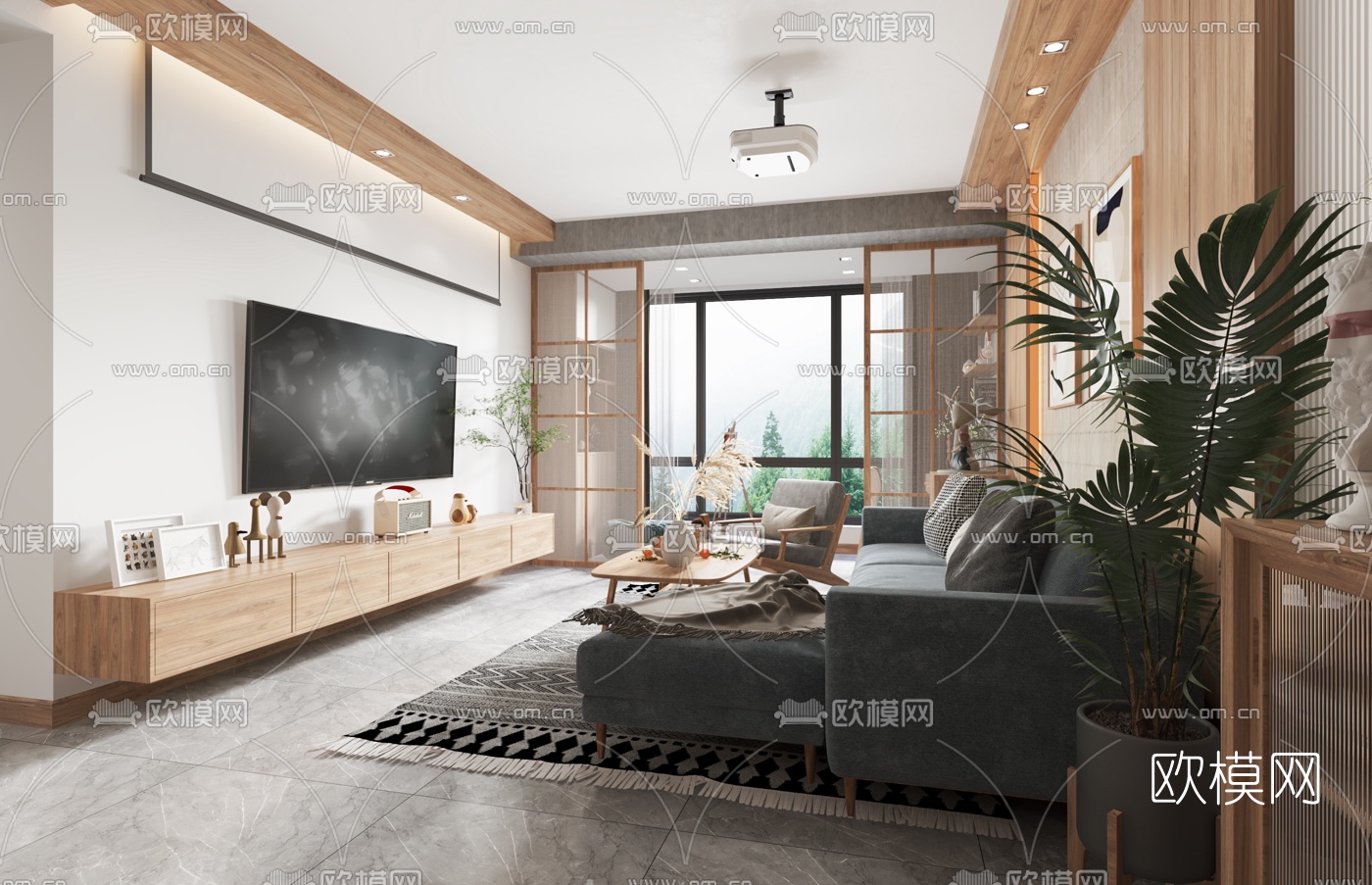 日式客厅餐厅3d模型下载（渲染图2）