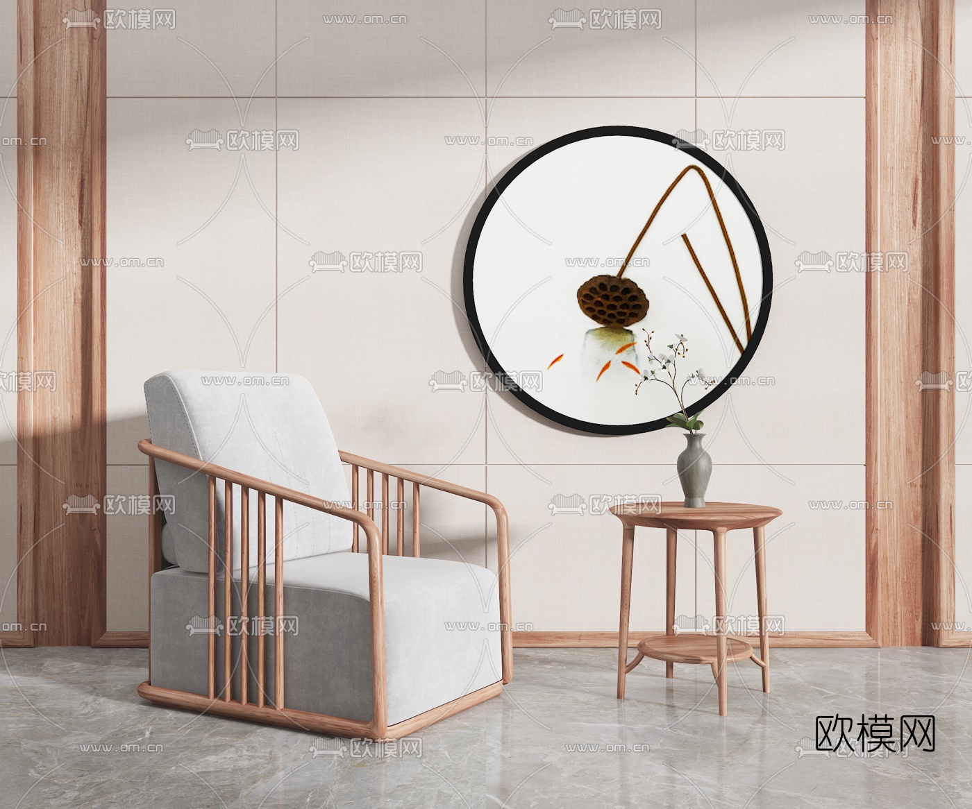 新中式布艺休闲沙发边几3d模型下载