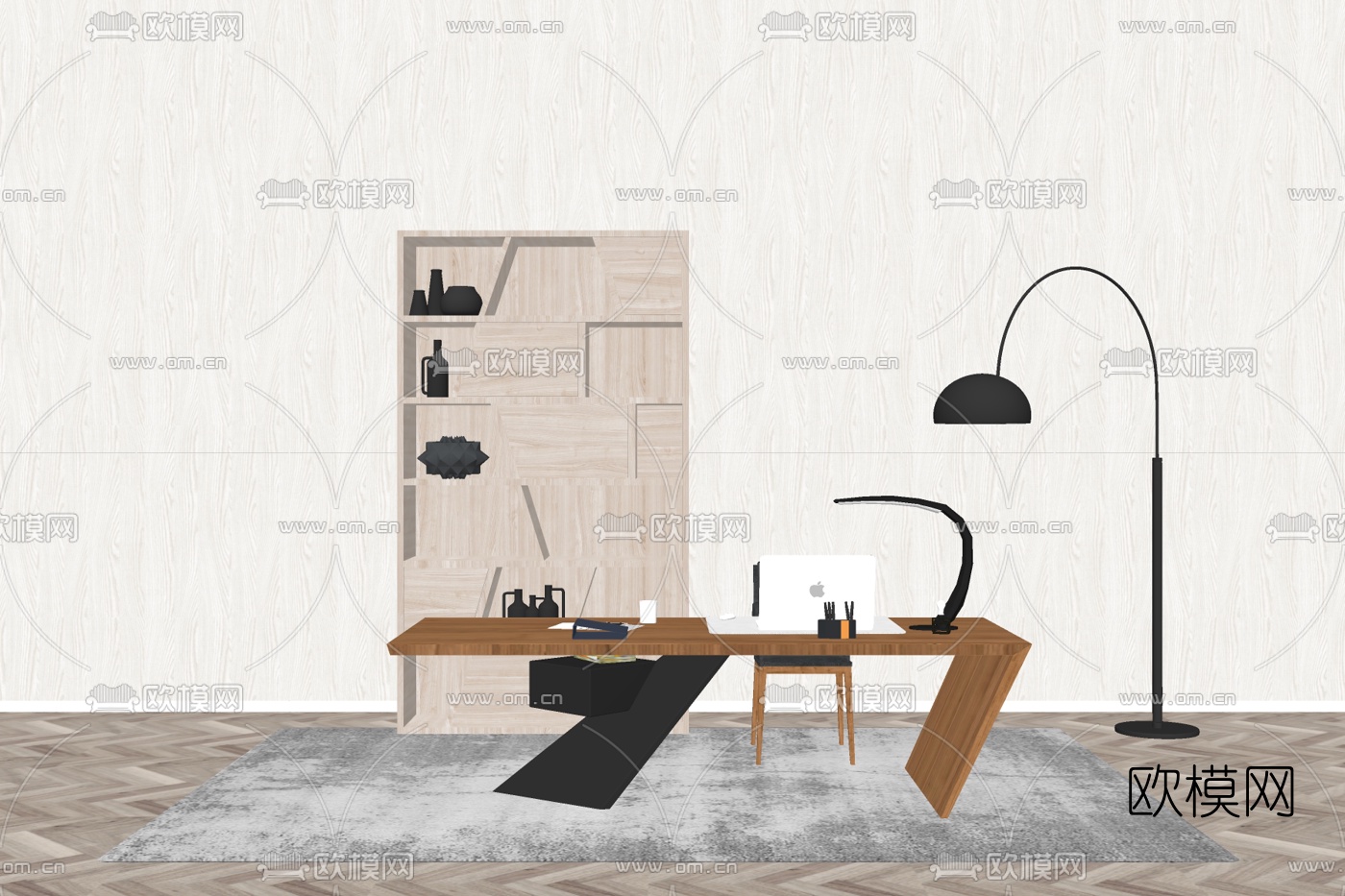 现代实木班台桌su模型下载