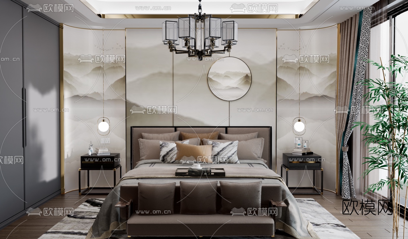 新中式卧室su模型下载