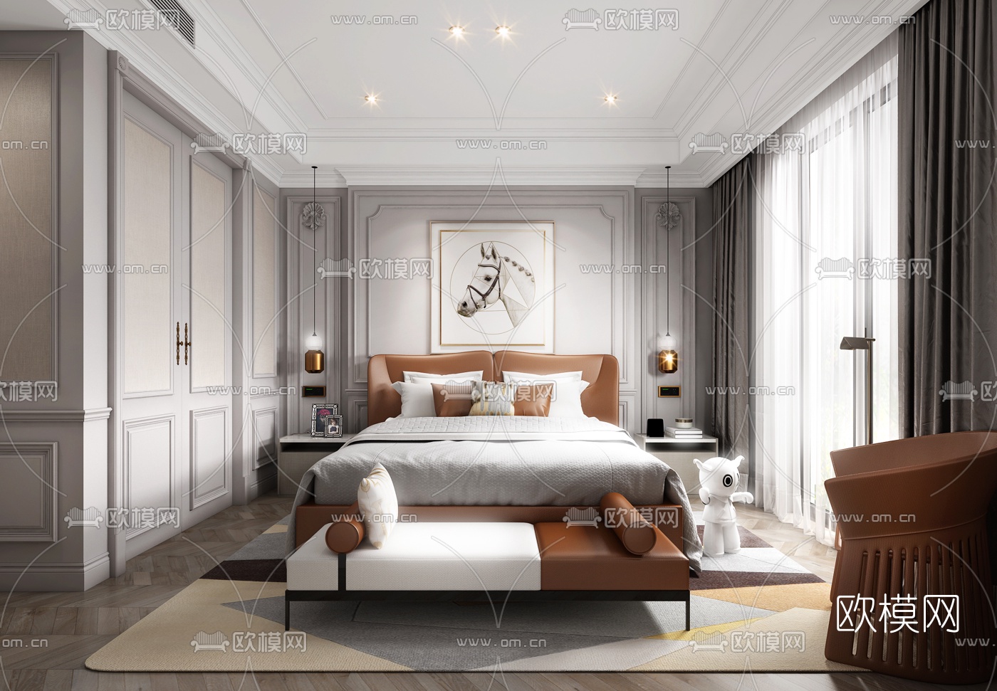 简欧轻奢卧室3d模型下载（渲染图1）