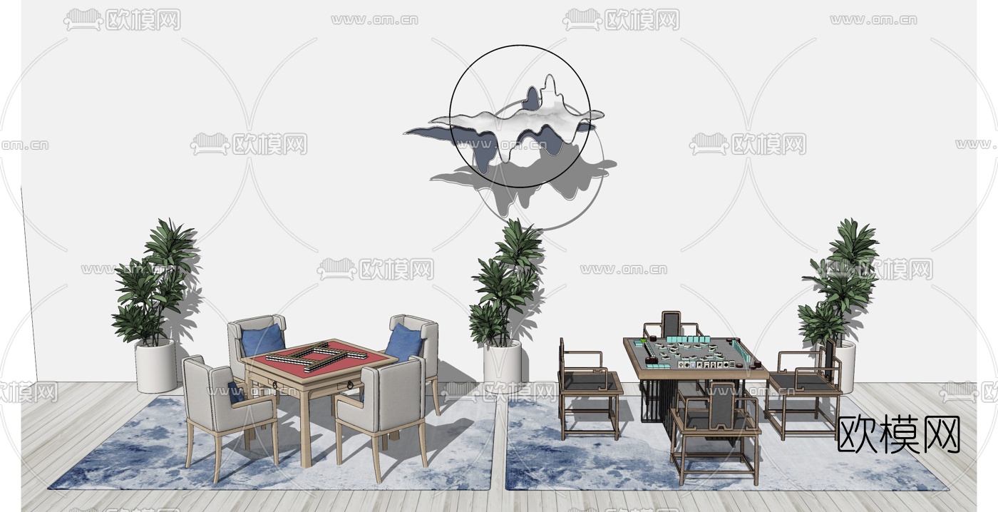 新中式麻将桌椅su模型