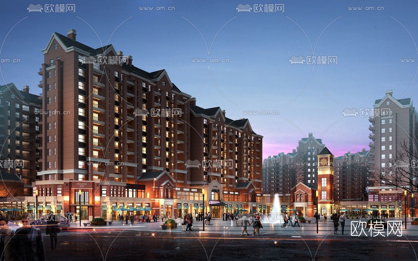 欧式商业街夜景3d模型