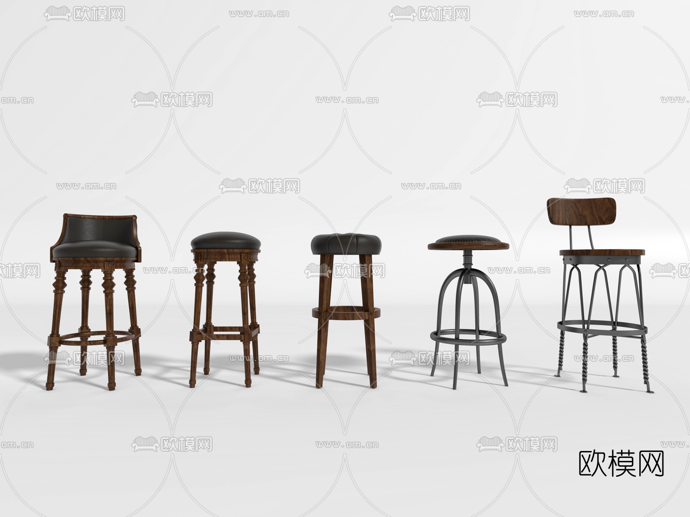 美式皮革吧台椅3d模型下载（渲染图1）