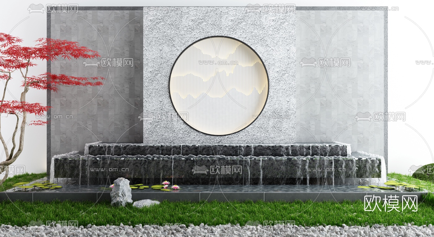 新中式流水景观小品3d模型下载