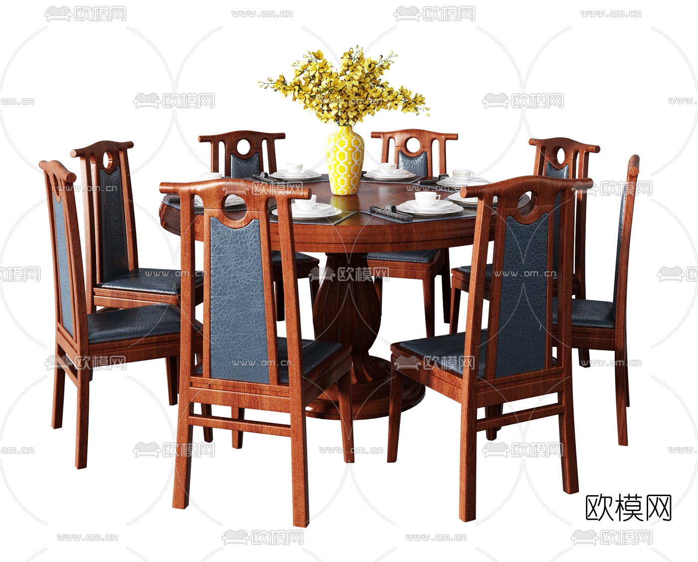 中式实木圆形餐桌椅3d模型下载