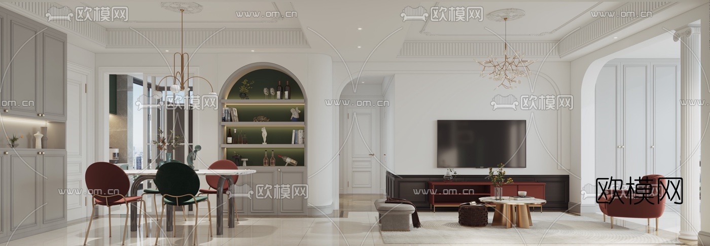 简欧客厅餐厅3d模型下载（渲染图2）