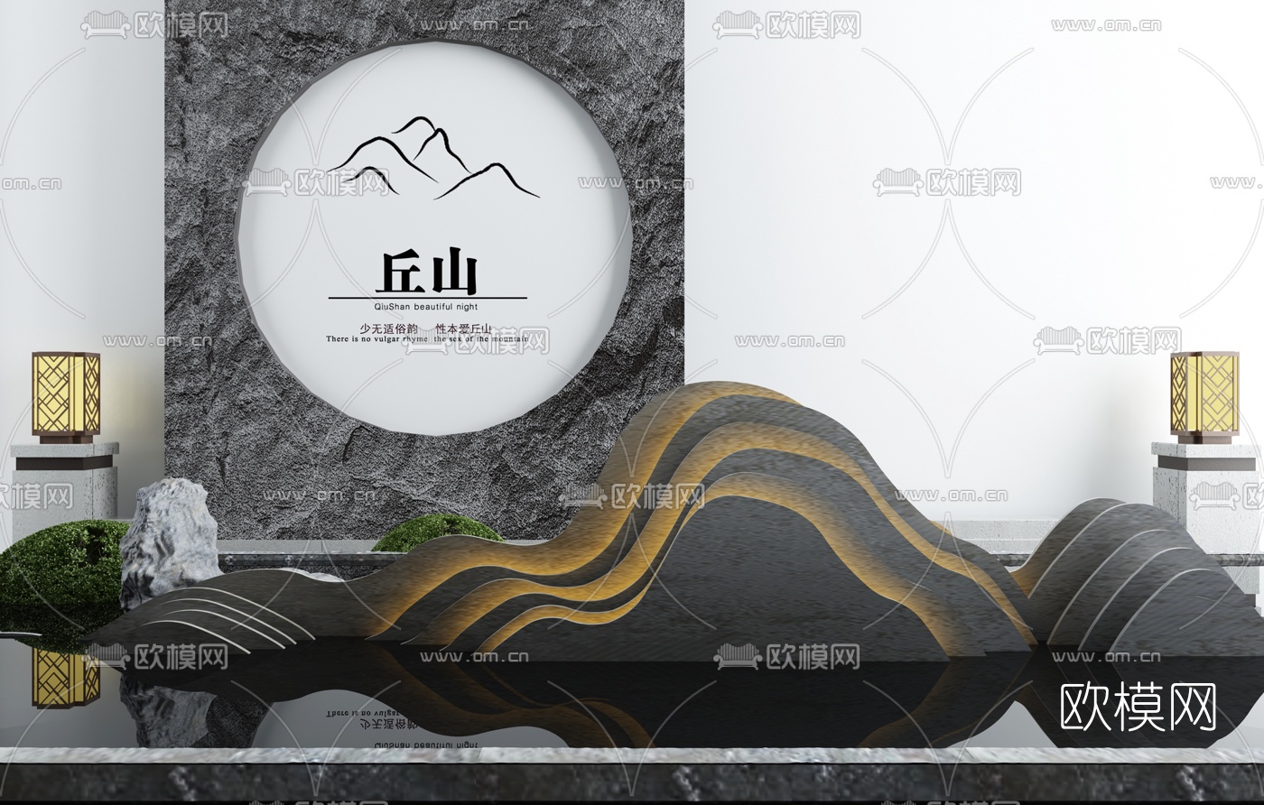 新中式假山灌木水景小品3d模型下载