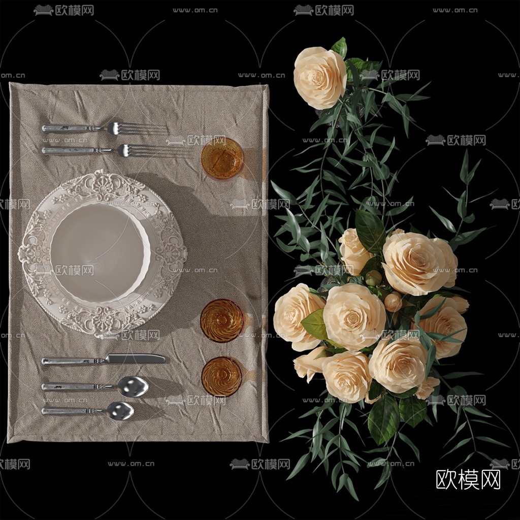 现代餐具花瓶花卉3d模型下载（渲染图4）