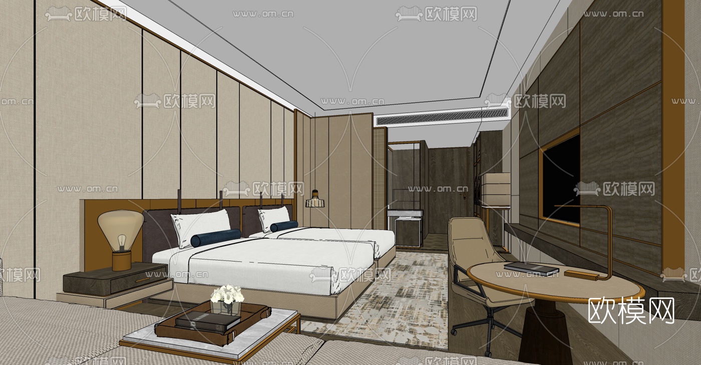 现代轻奢酒店客房双人房su模型下载