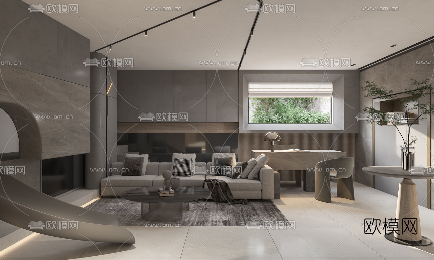 现代负一层书房休息室3d模型下载（渲染图1）
