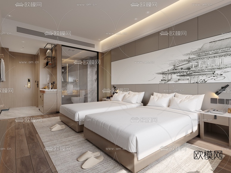 新中式酒店双床客房3d模型下载(渲染图3)