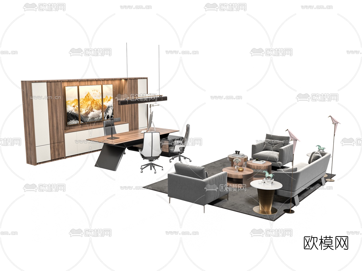 现代班台桌沙发组合3d模型