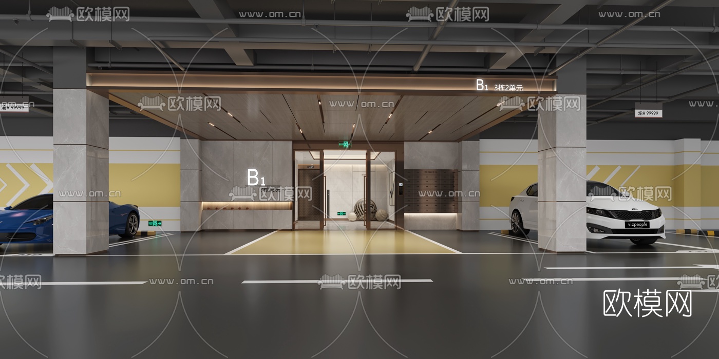 现代地下停车库入户电梯厅3d模型