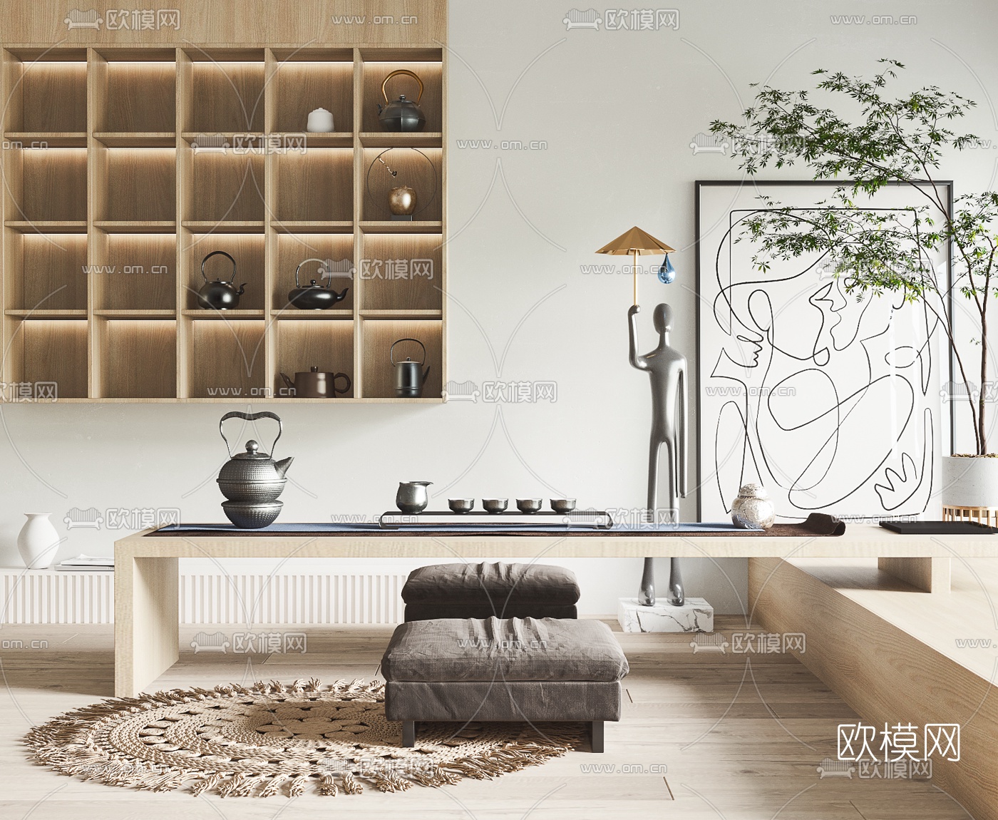 日式原木茶桌椅3d模型下载