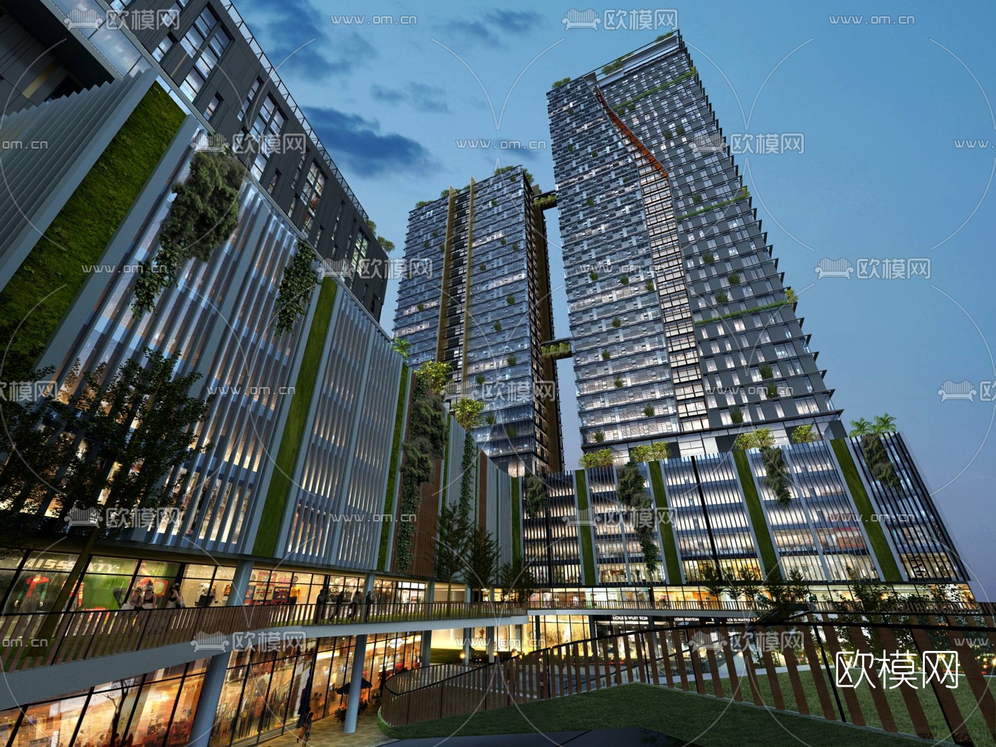 现代商业楼外观夜景3d模型