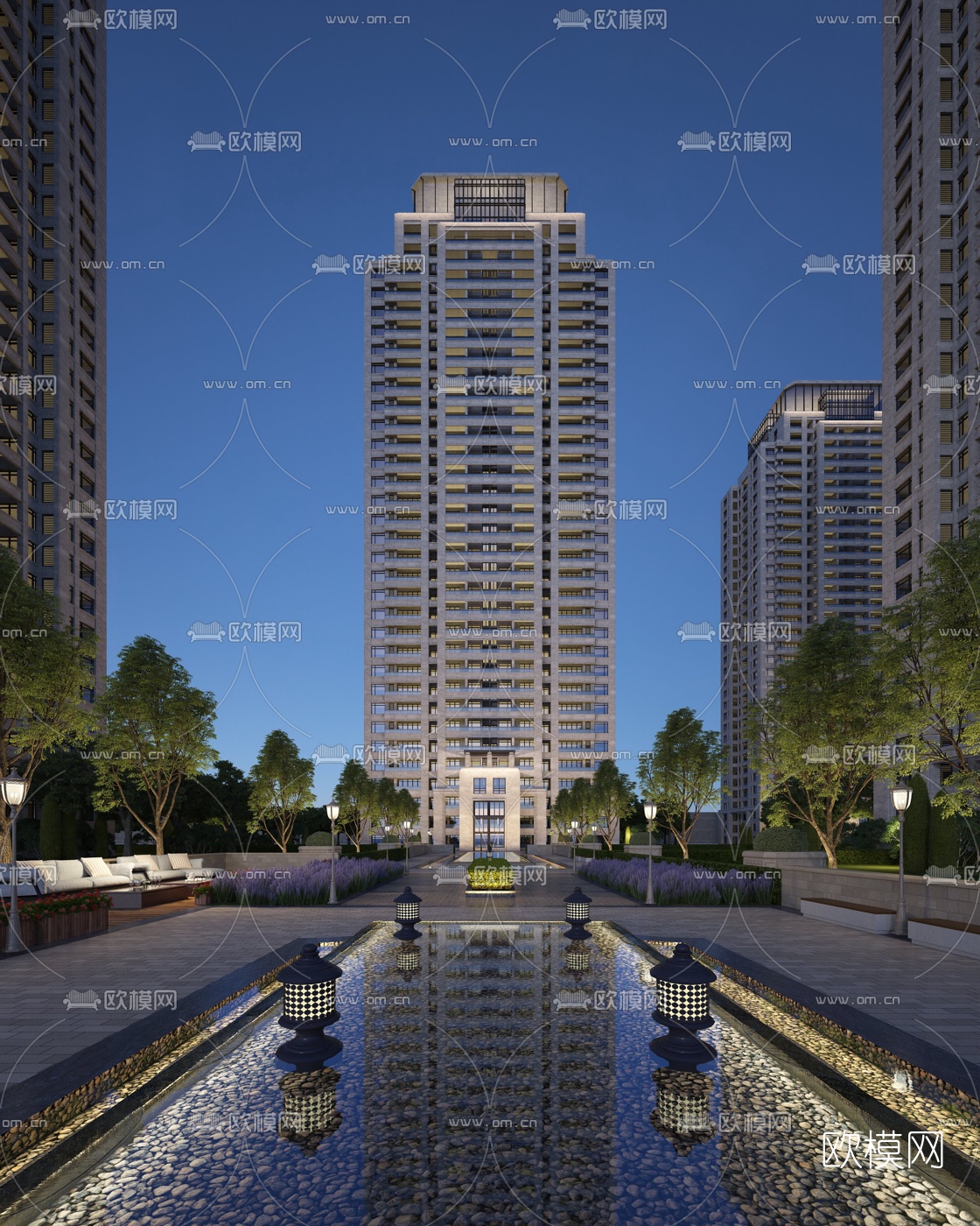现代住宅小区外观夜景3d模型
