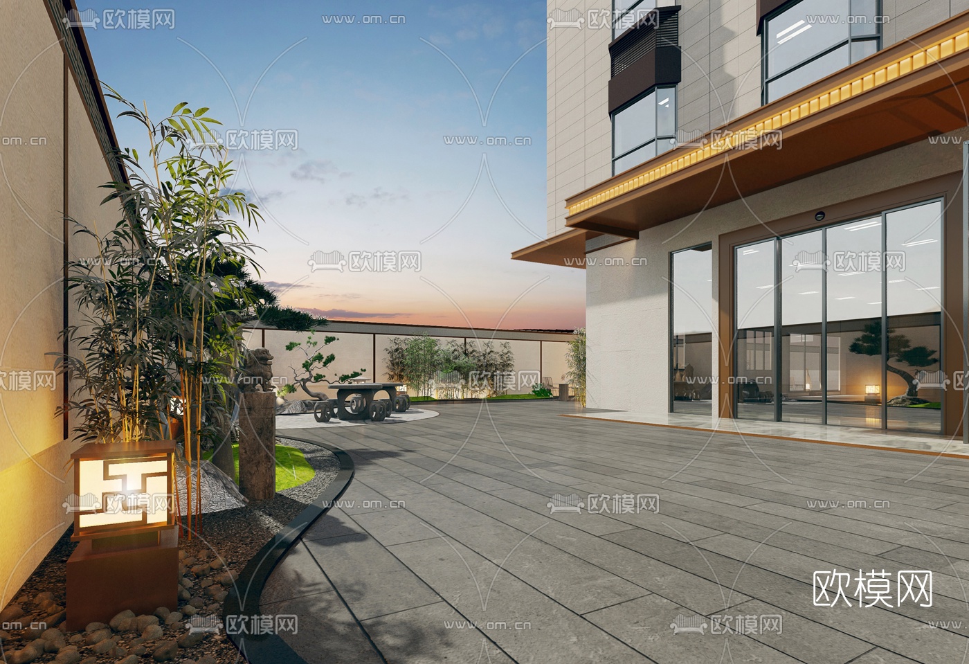 新中式庭院景观3d模型下载（渲染图1）