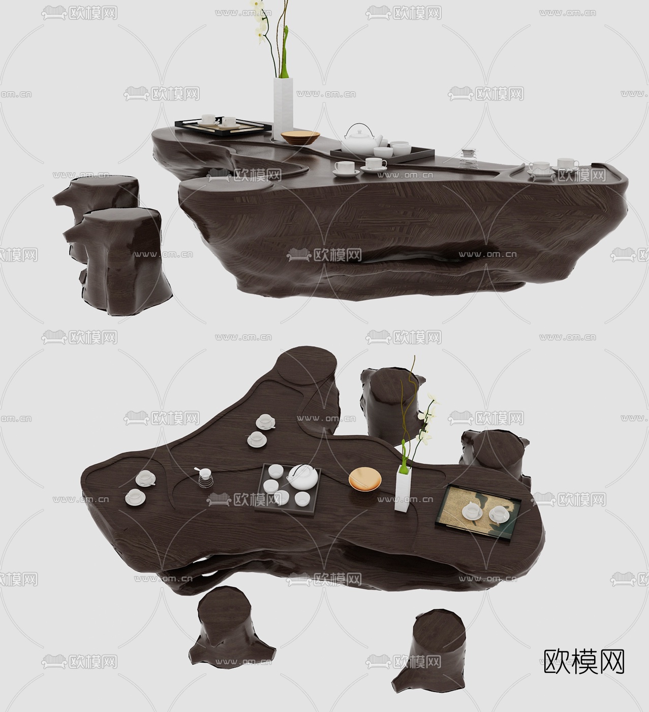 新中式根雕茶桌椅su模型下载