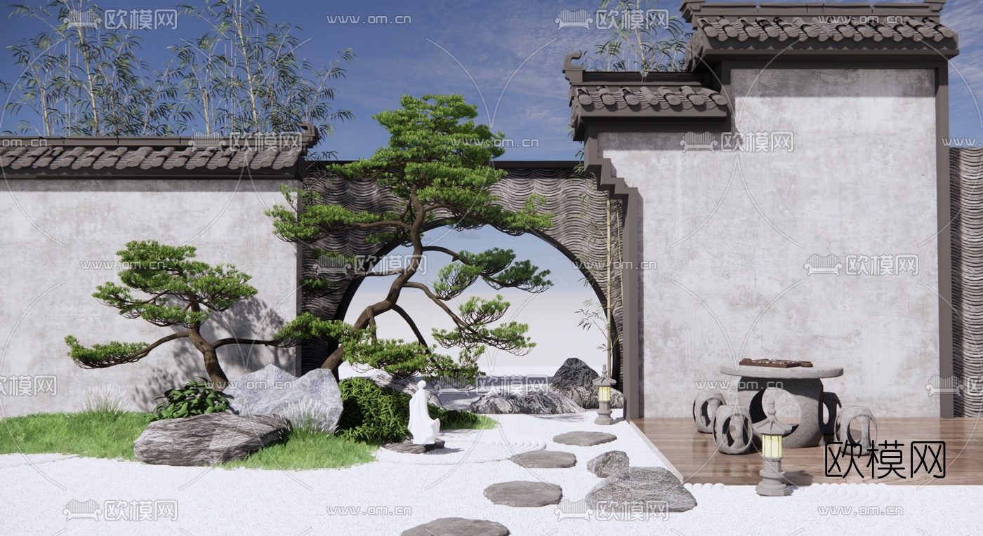 新中式庭院景观su模型