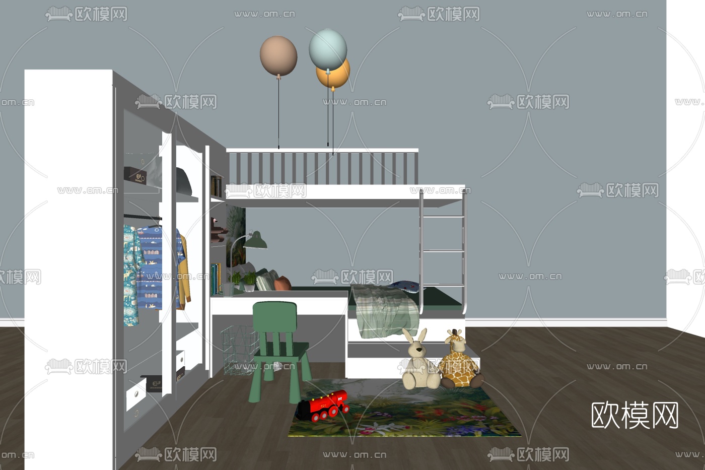 现代上下铺儿童床su模型下载