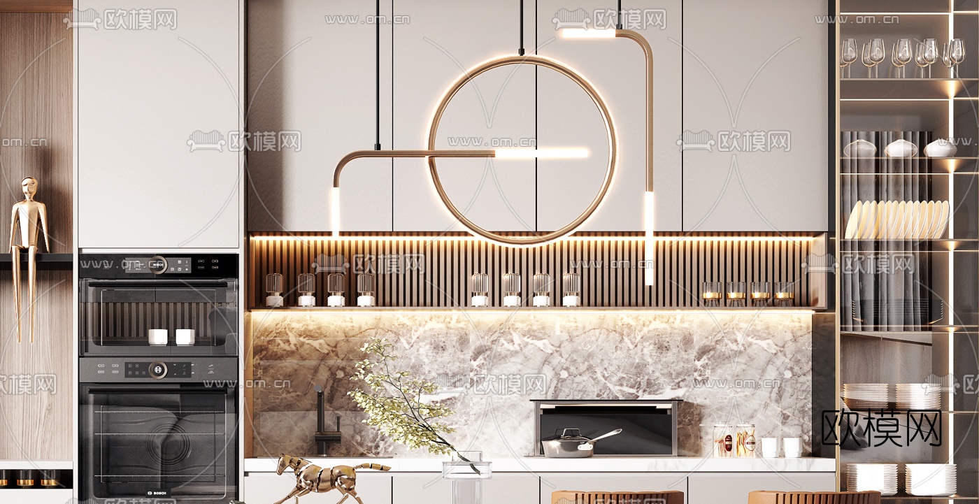 现代轻奢橱柜中岛吧台3d模型下载（渲染图2）